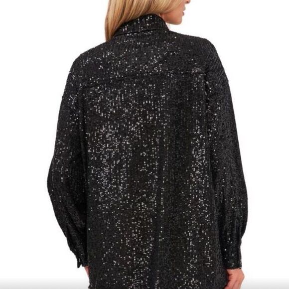 Riley & Rae Womens Black Sequined Midi Long-Sleeve Shirt Jacket NWT - Picture 1 of 2